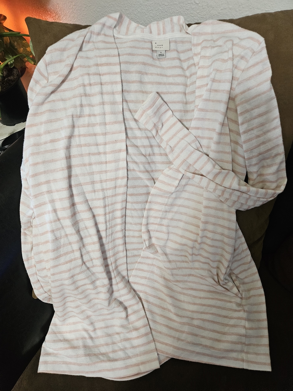 a new day Pink and White Striped Open-Front Cardigan